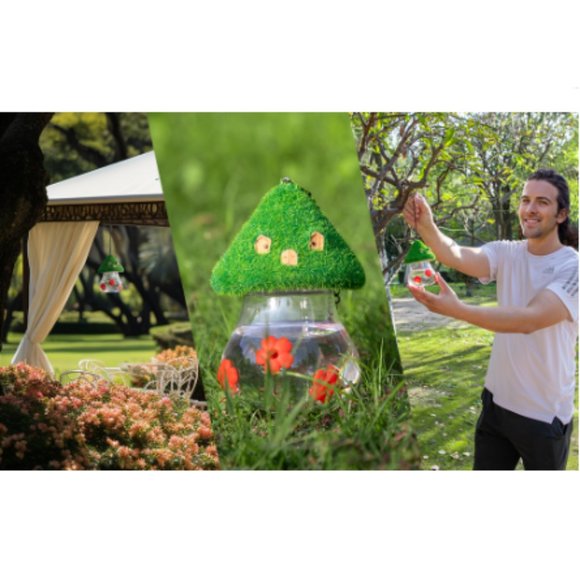 Hummingbird Feeder w/ Green Thatched Roof Style + 3 Red Petal Spouts - Picture 11 of 11